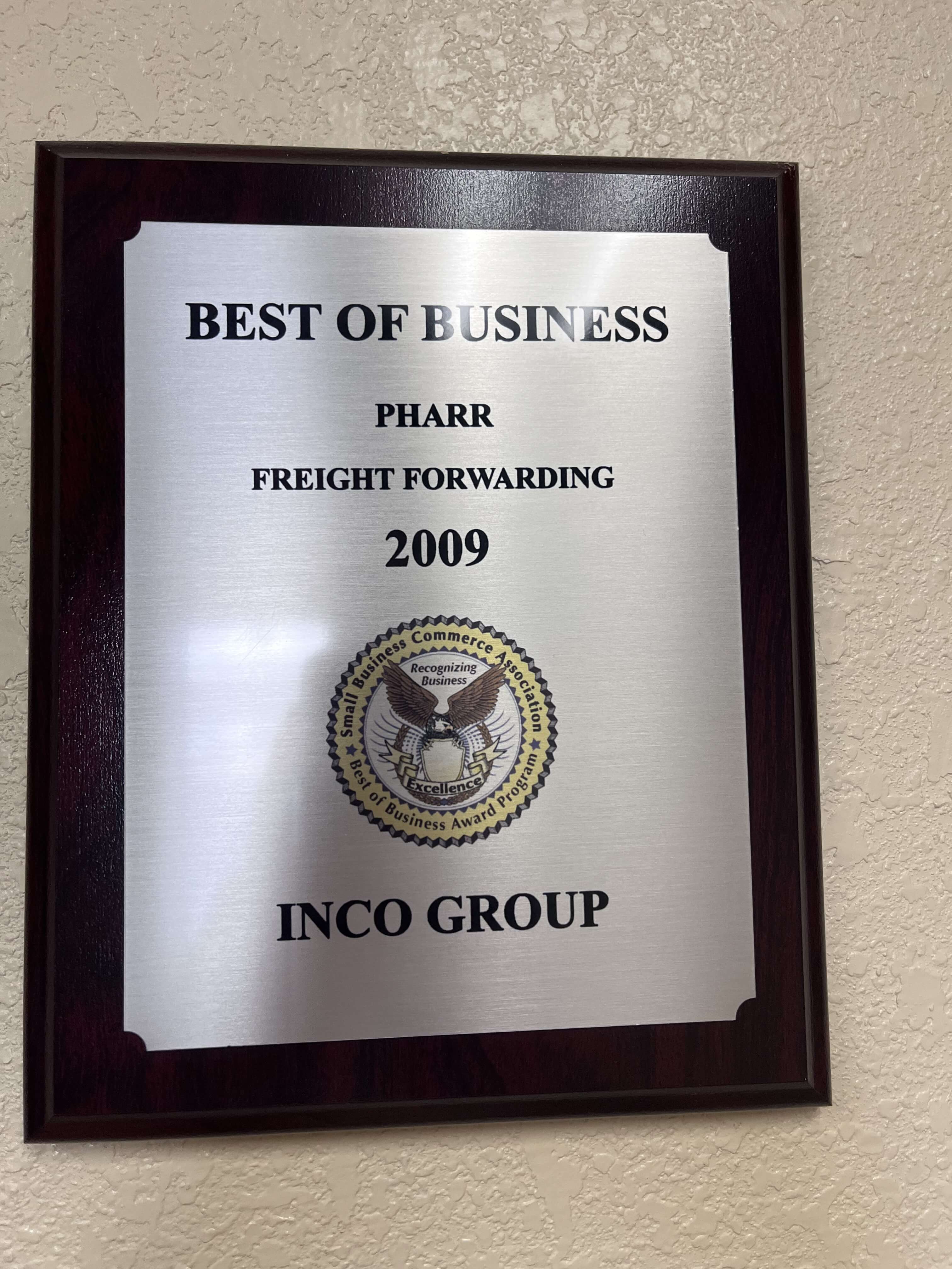 Best of Business Pharr Freight Forwarding 2009 award plaque for Inco Group